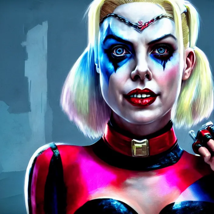 Image similar to portrait of charlize theron as a harley quinn in suicide squad. intricate abstract. intricate artwork. by tooth wu, wlop, beeple, dan mumford. octane render, trending on artstation, greg rutkowski very coherent symmetrical artwork. cinematic, hyper realism, high detail, octane render, 8 k, iridescent accents