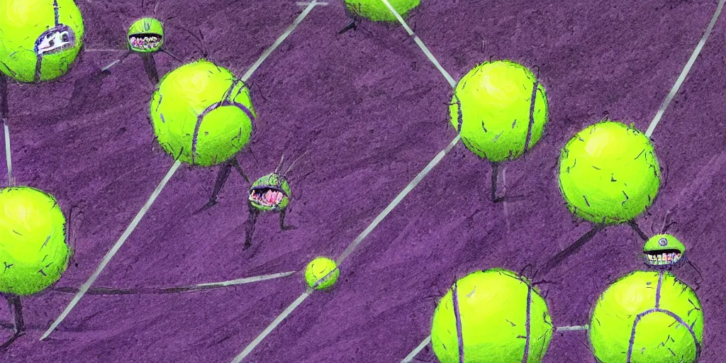 Prompt: tennis ball monsters playing on a tennis court, tennis court, purple, digital art, fantasy, magic, chalk, chalked, trending on artstation, ultra detailed, detailed, fine details, professional illustration by basil gogos