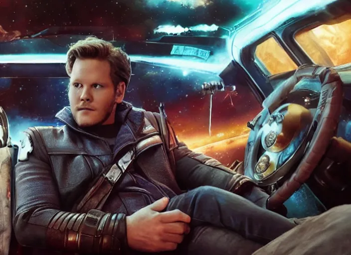 Image similar to a very high resolution image from a new movie, starlord. inside of a car. mountains, falling stars, directed by wes anderson