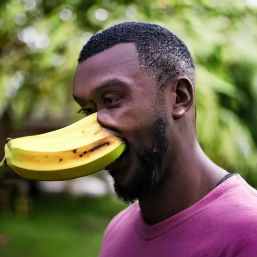 Prompt: a man with a banana sticking out of his ear, photography