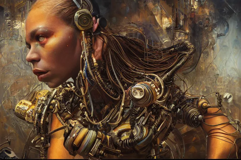 Image similar to a centered photo of a post apocalyptic tribal cyborg tweaking and playing synthesizers in the most complicated fractal and technical musical studio, powerful, cinematic, beautifully lit, by donato giancola, by artgerm, by karol bak, 3 d, perfect face and body, trending on artstation, octane render, 8 k