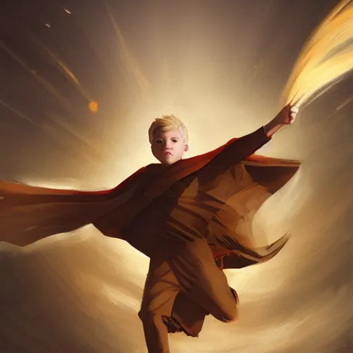 Prompt: blonde boy with golden eyes wearing a brown cape and flying in t pose, energy background, brush strokes, greg rutkowski