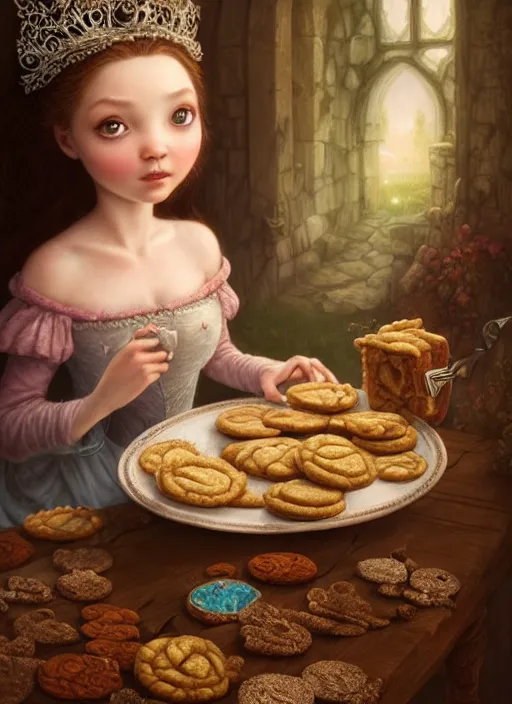 Image similar to highly detailed closeup portrait of a fairytale medieval princess eating cookies, unreal engine, nicoletta ceccoli, mark ryden, lostfish, earl norem, global illumination, god rays, detailed and intricate environment