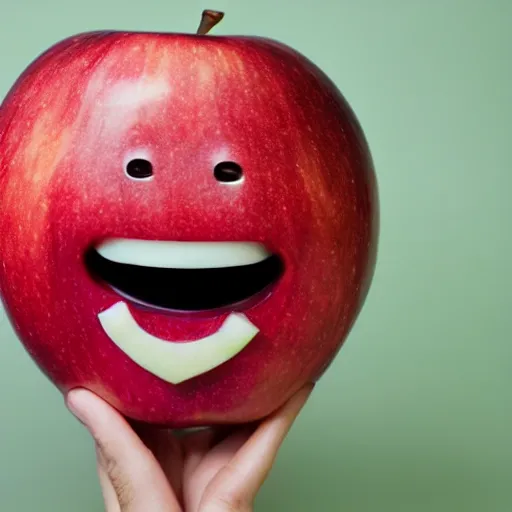 Image similar to happiest apple in the world, wide grin, human teeth, photograph