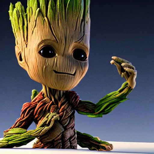 Prompt: baby groot by bill watterson. 3 d render.