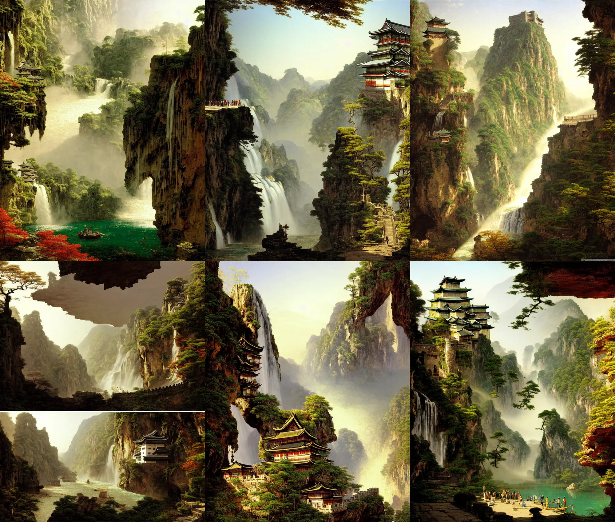 Prompt: establishing wide shot inside han son doong with waterfalls on either side of the cliff walls, at the top of the cliff is a japanese castle, a cloister is built into the cliff walls, an old suspension bridge spans the walls, sunny morning light, sunbeam, saturated colors, detailed digital concept art by albert bierstadt and canaletto and andreas achenbach