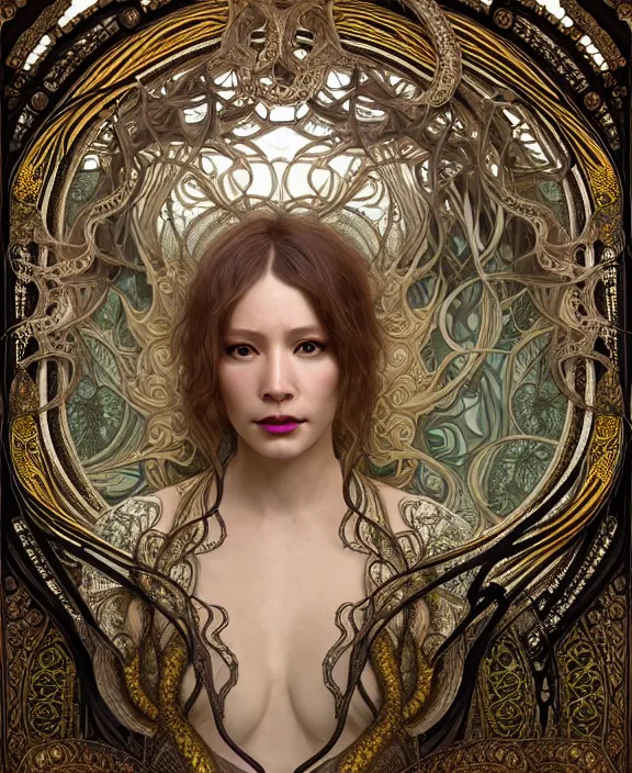 Image similar to intricate ornate opulent transparent clear see - through portrait of a scary beautiful snake, fractal, recursive, procedural, jungle environment, ultra realistic, concept art, art nouveau, photorealistic, octane render, 8 k, unreal engine. art by nori inoguchi and sam kaplan and zachary goulko and christopher marley and artgerm and alphonse mucha