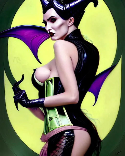 Image similar to new art nouveau portrait of fantasy succubus maleficent megan fox wearing a latex corset, anna dittmann, moebius, wlop, artgerm, patrick nagle, charlie bowater and loish. long windblown hair, very large, clear, expressive, and intelligent eyes, ultrasharp focus, dramatic lighting, photorealistic digital matte painting, intricate.