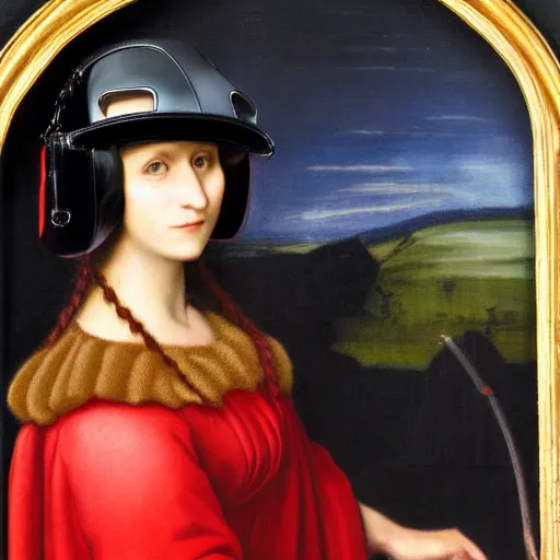 Prompt: a renaissance style portrait painting of raven winged female vampire, wearing a VR helmet and cape, dark background