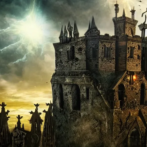 Prompt: a wizard casting a powerful spell on a gothic village from the top of an high ruined tower. Apocalyptic sky. Strong lights. Realistic.