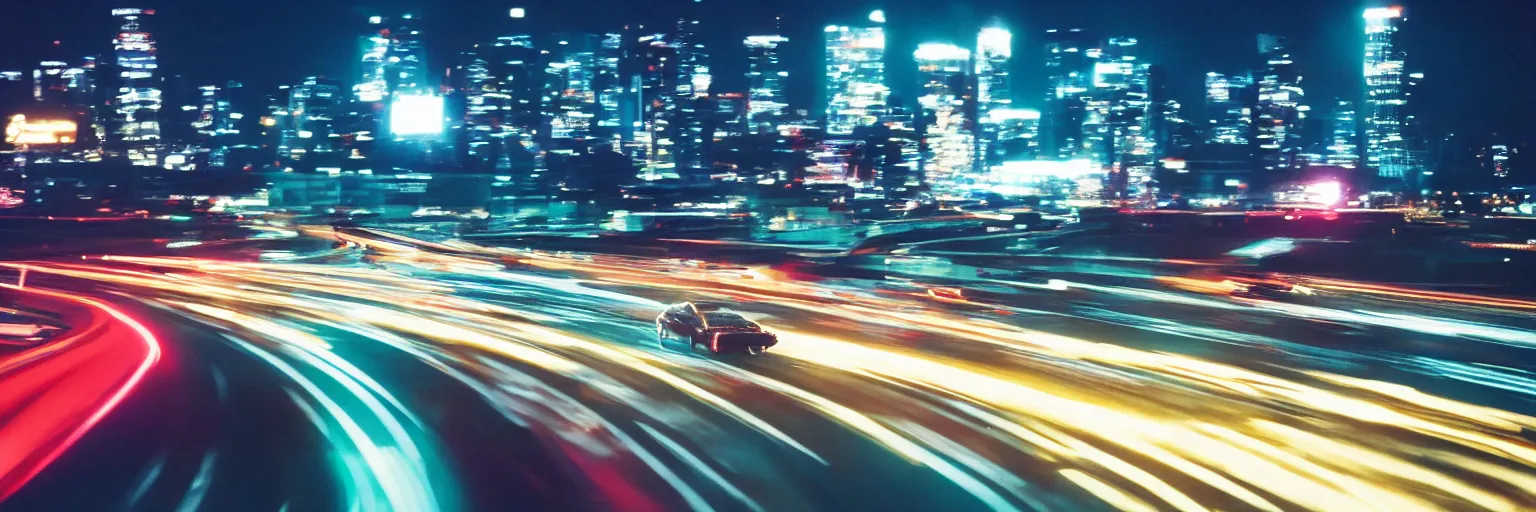 Prompt: 8 0 s neon movie still, high speed car chase on the highway with city in background, slow shutter speed, medium format color photography, 8 k resolution, movie directed by kar wai wong, hyperrealistic, photorealistic, high definition, highly detailed, tehnicolor, anamorphic lens