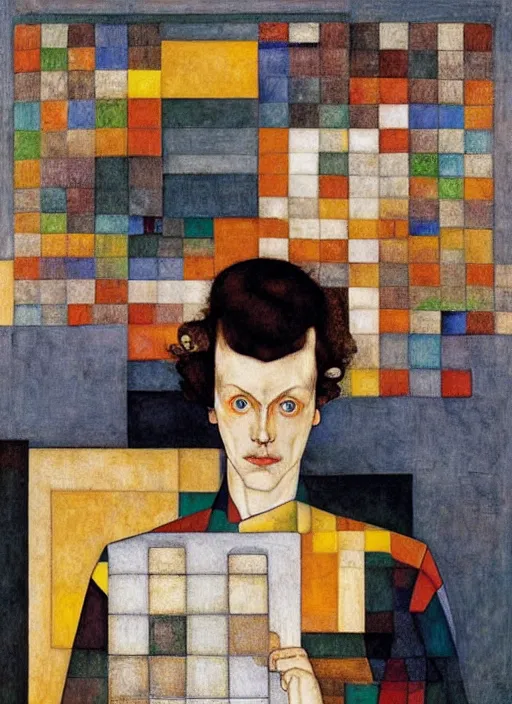 Image similar to creative coder with a computer in geometric harmony, by egon schiele and quint buchholz, portrait, colorful, escher, detail