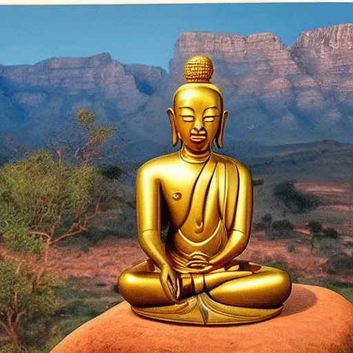 Image similar to contented peaceful south african!! bodhisattva, praying meditating, in a scenic environment, detailed, golden hour, realism, by david goldblatt and george pemba and gerard sekoto