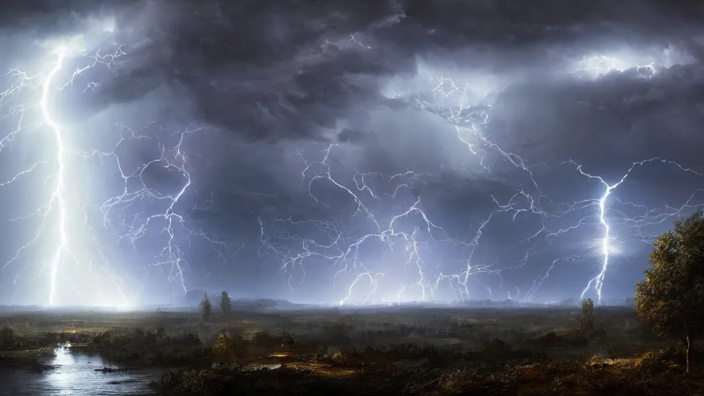 Image similar to battle for earth, lightning, storms, volumetric lightning by eugene von guerard, ivan shishkin, dramatic lighting, concept art, trending on artstation, 8 k