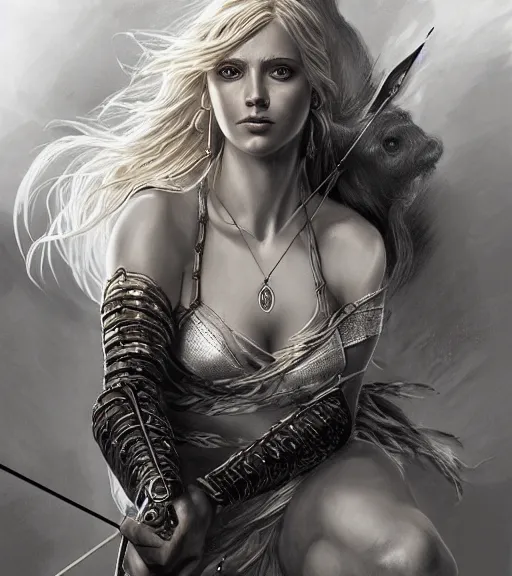 Prompt: portrait of astonishing aphrodite goddess as an archer warrior, arrow, beautiful piercing eyes, flowing blonde hair, realistic face, black and white drawing, in the style of greg rutkowski, fantasy, amazing detail, epic, intricate, elegant, smooth, sharp focus