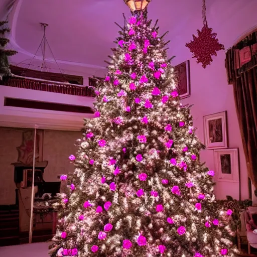 Prompt: pink palace at Christmas trees, Victorian mansion, thousands of pink roses, landscape, cinematic lighting, norman rockwell, snow coming through windows