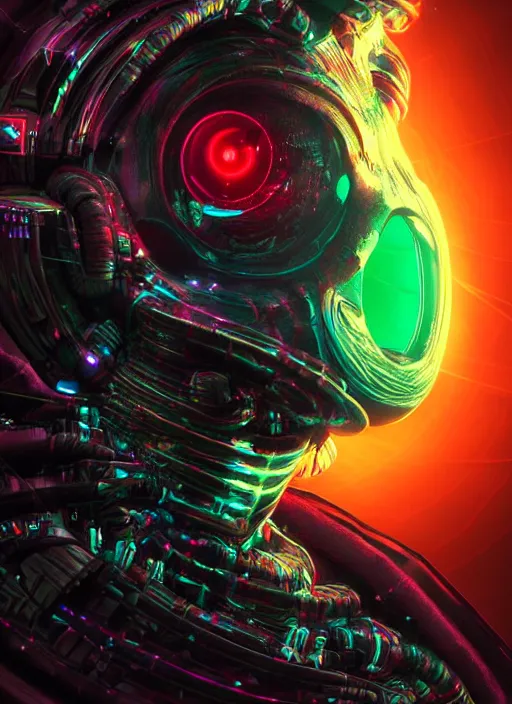 Image similar to a futuristic skull with glowing eyes and a wormhole tunnel, cyberpunk art by android jones, behance contest winner, computer art, darksynth, synthwave, rendered in cinema 4 d