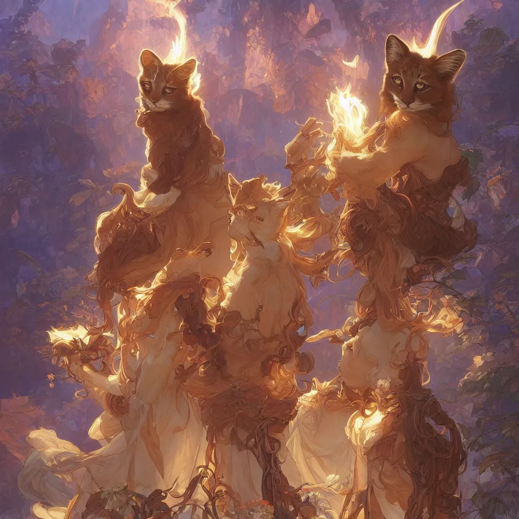 Image similar to many cute fluffy caracals, fire, magic, fantasy epic legends stylized digital illustration radiating a glowing aura global illumination ray tracing hdr fanart arstation, 8 k, art by artgerm and greg rutkowski and alphonse mucha