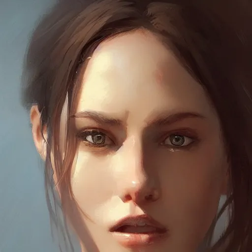 Prompt: Portrait of a woman by Greg Rutkowski, she is about 20 years old, brown long and straight hair, pretty oval face, attractive, Artstation HQ