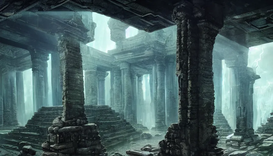 Prompt: Inside ancient alien temple, crumbling stone columns, refracted sparkles, thunderstorm, dark still pool, major arcana sky and sci-fi alien symbology, by paul delaroche, hyperrealistic 4k uhd, award-winning, very detailed cyberpunk