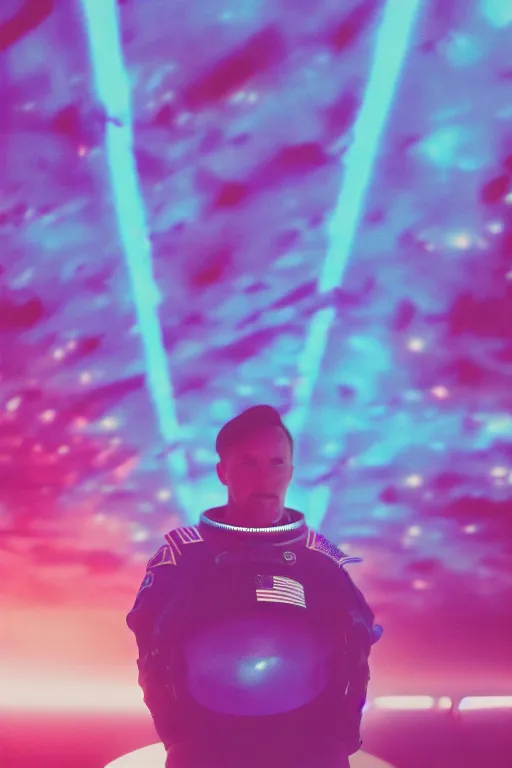 Image similar to agfa vista 4 0 0 portrait photograph of a meso american guy astronaut on a spaceship, synth vibe, vaporwave colors, lens flare, moody lighting, moody vibe, telephoto, 9 0 s vibe, blurry background, grain, tranquil, calm, faded!,