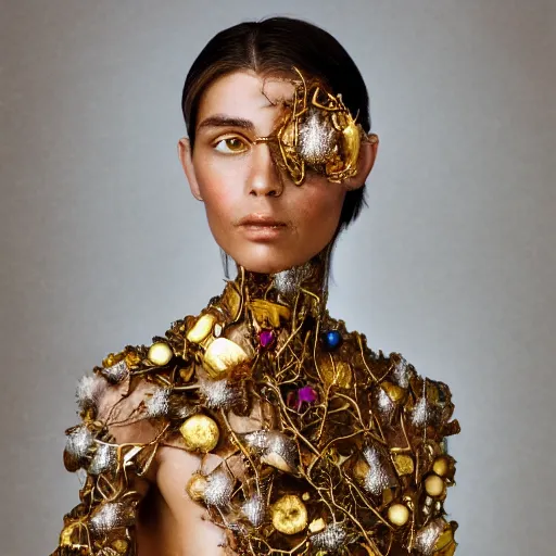 Prompt: close up portrait of a sairose Ronan cyborg with golden jewellery and flowers growing out of its head, photograph