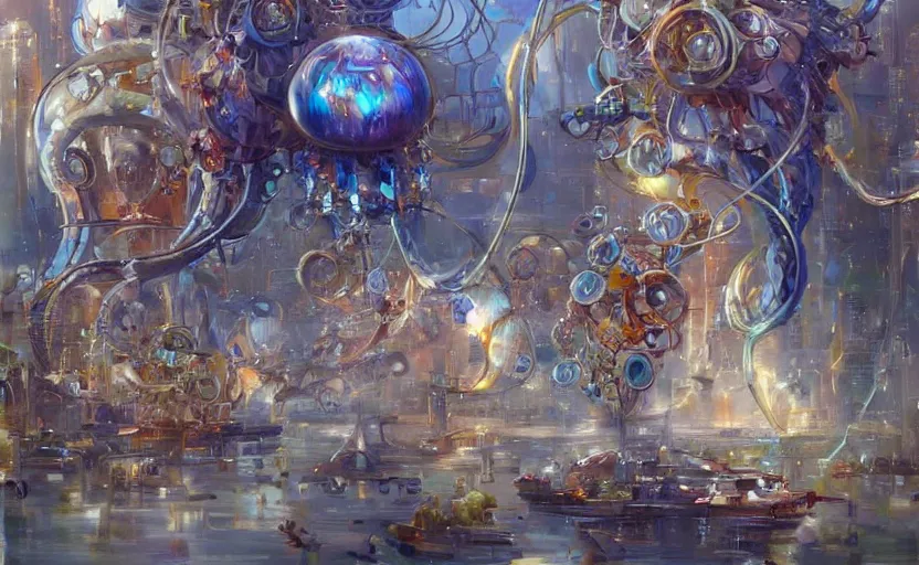 Prompt: Cyborg biomechanical jellyfish city. By Konstantin Razumov, highly detailded