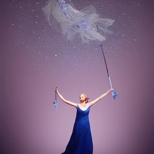 Image similar to loose, dynamic by matti suuronen. a conceptual art of a woman with wings made of stars, surrounded by a blue & white night sky. the woman is holding a staff in one hand, & a star in the other. she is wearing a billowing dress, & her hair is blowing in the wind.