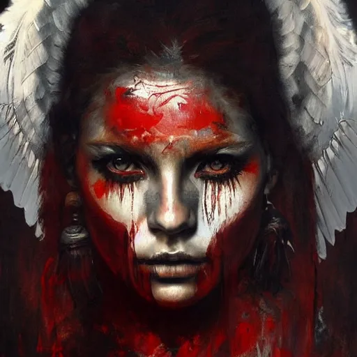 Image similar to portrait of the death angel, beautiful female face, angelic, dark, blood, by jeremy mann, by lucian freud, god rays, female indigenous warrior, warrior face painting red, wings, holding a weapon, intricate, highly detailed, trending on artstation, award winning, cinematic