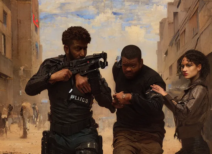 Image similar to Maria Igwe evades sgt Griggs. Cyberpunk hacker escaping police troopers (blade runner 2049). Gorgeous face. Iranian orientalist portrait by john william waterhouse and Edwin Longsden Long and Theodore Ralli and Nasreddine Dinet, oil on canvas. Cinematic, hyper realism, realistic proportions, dramatic lighting, high detail 4k