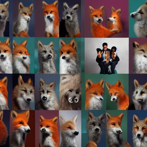 Image similar to photorealistic music album cover, with foxes animals wearing clothes, all looking at camera, studio lighting, award winning photograph, 8 5 mm f / 1. 4