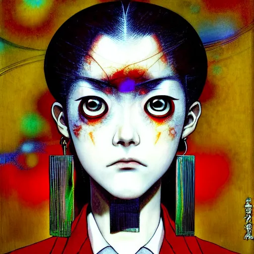 Image similar to yoshitaka amano blurred and dreamy realistic three quarter angle horror portrait of a sinister young woman with short hair, big earrings and red eyes wearing office suit with tie, junji ito abstract patterns in the background, satoshi kon anime, noisy film grain effect, highly detailed, renaissance oil painting, weird portrait angle, blurred lost edges