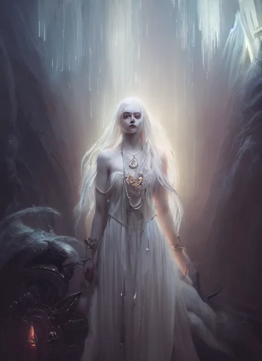 Image similar to a beautiful white haired princess, adorned with precious stone jewelry, intricate concept art, ominous, gorgeous dark fantasy, misty, dramatic lighting, octane render, 8 k, ruan jia and jeremy mann and tom bagshaw and alphonse mucha