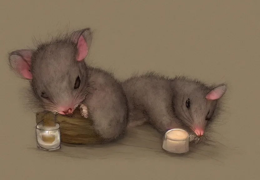 Image similar to cute possum in its pajamas sleeping in a bed in a medieval bedroom at night under the dim light of a candle, dark fantasy, dreaming illusion, trending on artstation