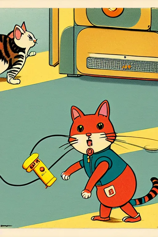 Prompt: by richard scarry. a cat chasing a robot mouse. a 1 9 5 0 s retro illustration. studio ghibli. muted colors, detailed