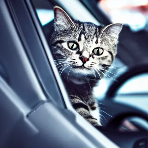 Image similar to photo of a cat driving a tiny car at very high speed, motion blur