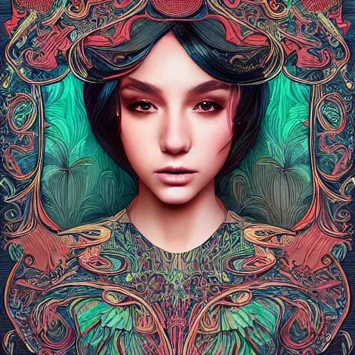 Image similar to the portrait of an unbelievably beautiful, elegant, sensual, and sophisticated young woman, an ultrafine detailed illustration by james jean, intricate linework, bright colors, final fantasy, behance contest winner, vanitas, angular, altermodern, unreal engine 5 highly rendered, global illumination, radiant light, detailed and intricate environment