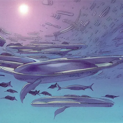 Image similar to a futuristic underwater city, with whales swimming by, by Moebius
