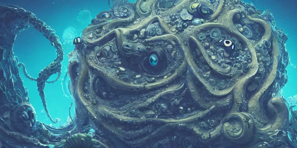 Image similar to of an intricate deep sea with strange cute friendly happy creatures with huge eyes, long tongue, round teeth and goofy funny face, appearing from the background, in the style of gehry and gaudi, macro lens, shallow depth of field, ultra detailed, digital painting, trending artstation, concept art, illustration, cinematic lighting, photorealism, epic, octane render