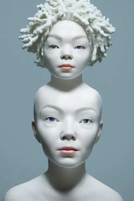 Image similar to full head and shoulders, bjork porcelain sculpture, smooth, delicate facial features, white eyes, white lashes, detailed white, lots of white coral sea elements, fish, sea anemones, all white features on a white background, by daniel arsham and james jean