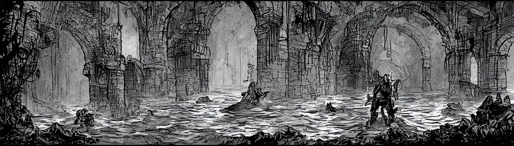 Prompt: deep water flows through waist - deep flooded sewer tunnels. fantasy art, underground, stream, crumbling masonry, darkness, sewage falling from grates, abandoned spaces, torchlight. sketch, darkest dungeon.