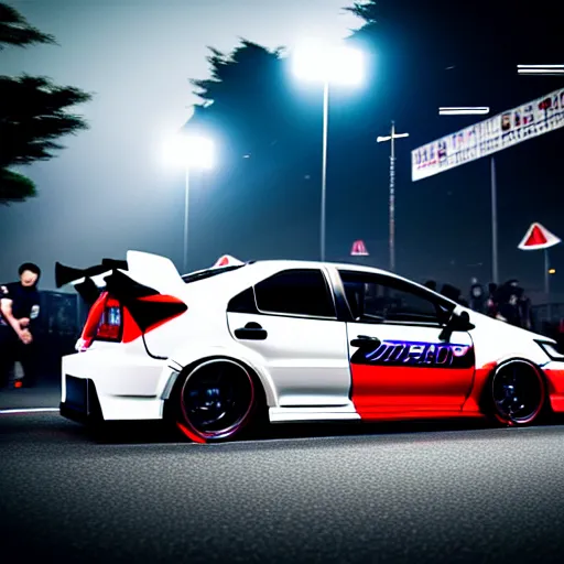 Image similar to honda civic type-r drift at illegal car meet, shibuya prefecture, midnight mist streetlights, color grade, photorealistic, highly detailed wheels, highly detailed