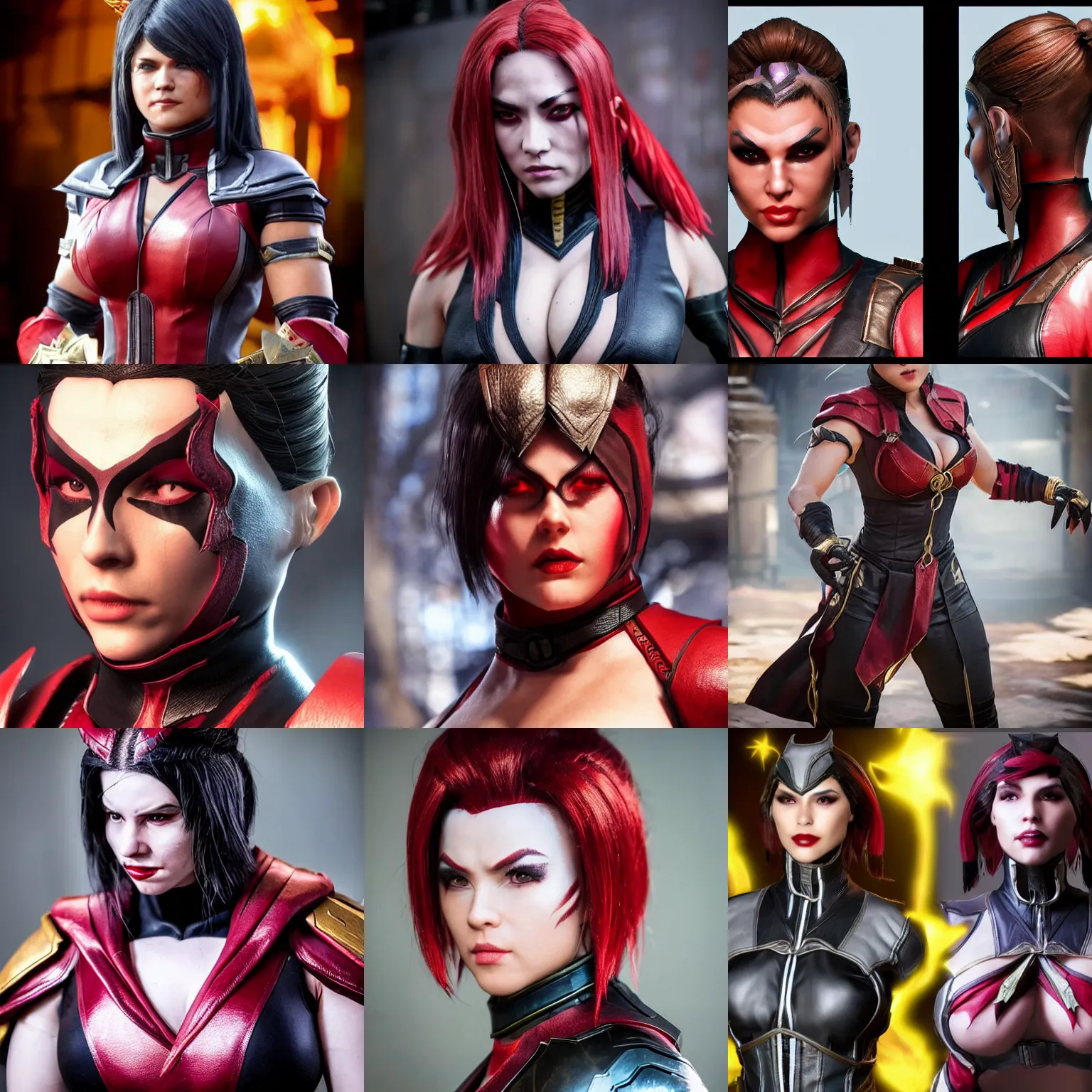 Prompt: hot cosplay on scarlet from Mortal Kombat 11, high detail of the face, high detail, high modernization, hyper realistic, beautiful, full body