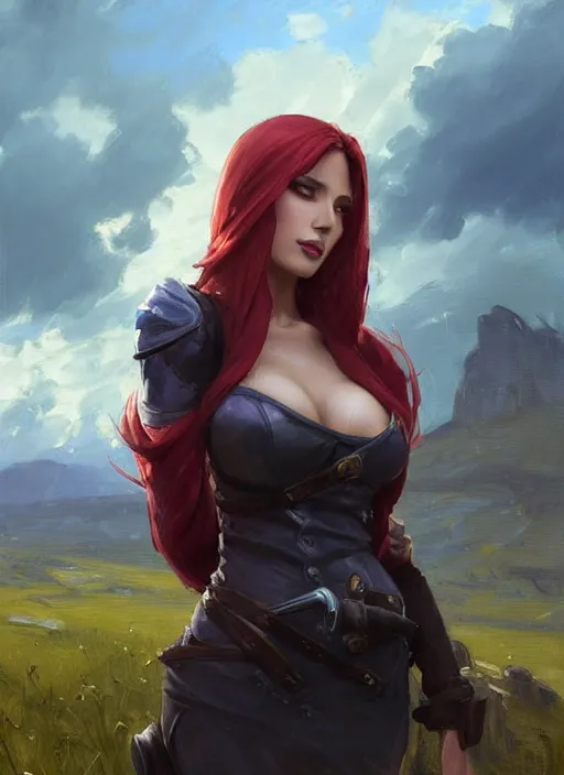 Image similar to portrait of Katarina from League of Legends after work, countryside, calm, fantasy character portrait, dynamic pose, above view, view from above, sunny day, thunder clouds in the sky, artwork by Jeremy Lipkin and Giuseppe Dangelico Pino and Michael Garmash and Rob Rey, very coherent symmetrical artwork, sharp edges, perfect face, simple form, 100mm