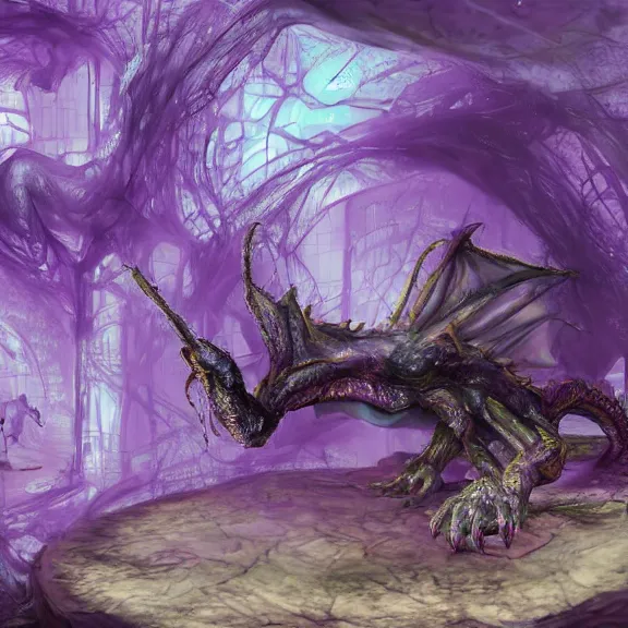 Image similar to inside a cavernous living stomach, the walls purple and pulsing, lots of acid pooling up on the floor, digesting a small dragon, half dissolved on the floor, food pov, micro pov, vore, digital art, furry art, anthro art, warframe infested art, high quality, 8k 3D realistic, macro art, micro art, Furaffinity, Deviantart, Eka's Portal, G6