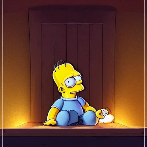 Image similar to Homer Simpson is just a cute little mouse, just a cute little thing, mouse body, high focus, wood paneling, warm lighting, by Artgerm and greg rutkowski, deviantart