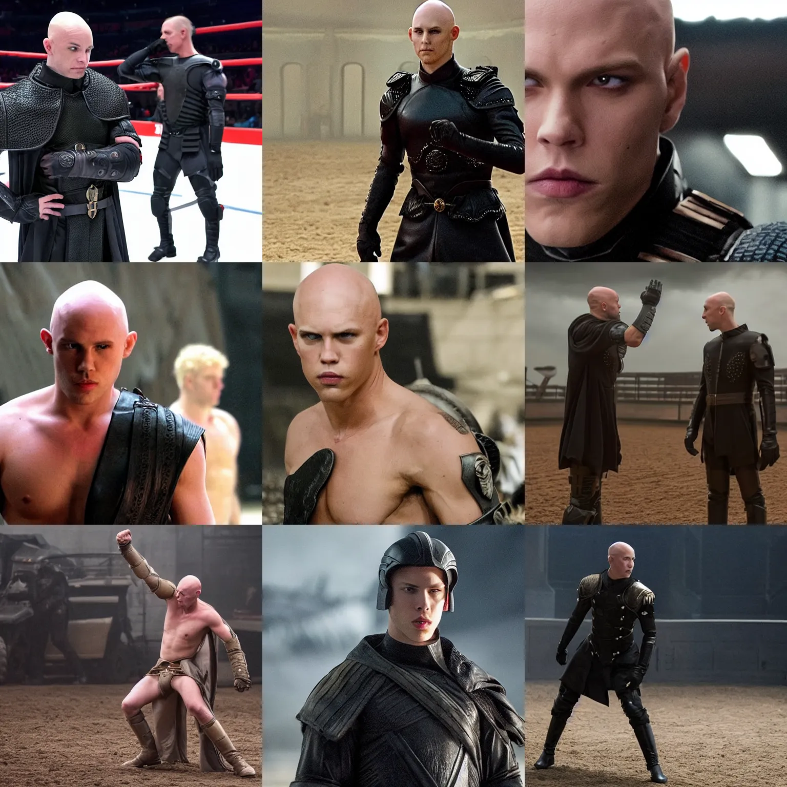 Prompt: bald ominous brooding Austin Butler as Feyd-Rautha Harkonnen fighting in an arena