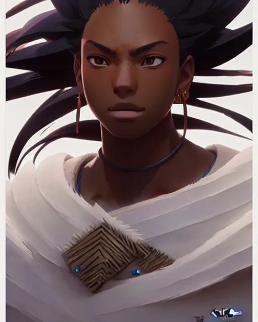 Image similar to azctec warrior, ( coco jones ), detailed perfect face, exquisite details, fire magic, mid view, design on a white background, by studio muti, greg rutkowski makoto shinkai takashi takeuchi studio ghibli