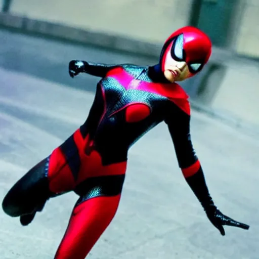 Image similar to Ayumi Hamasaki as spiderwoman , film still, best scene,