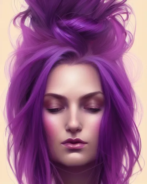 Prompt: Purple hair, creative colouring Portrait of woman face profile, fashion, coloured strands of hair, intricate, elegant, highly detailed, digital painting, artstation, concept art, smooth, sharp focus, illustration, art by artgerm and greg rutkowski and alphonse mucha, 8k